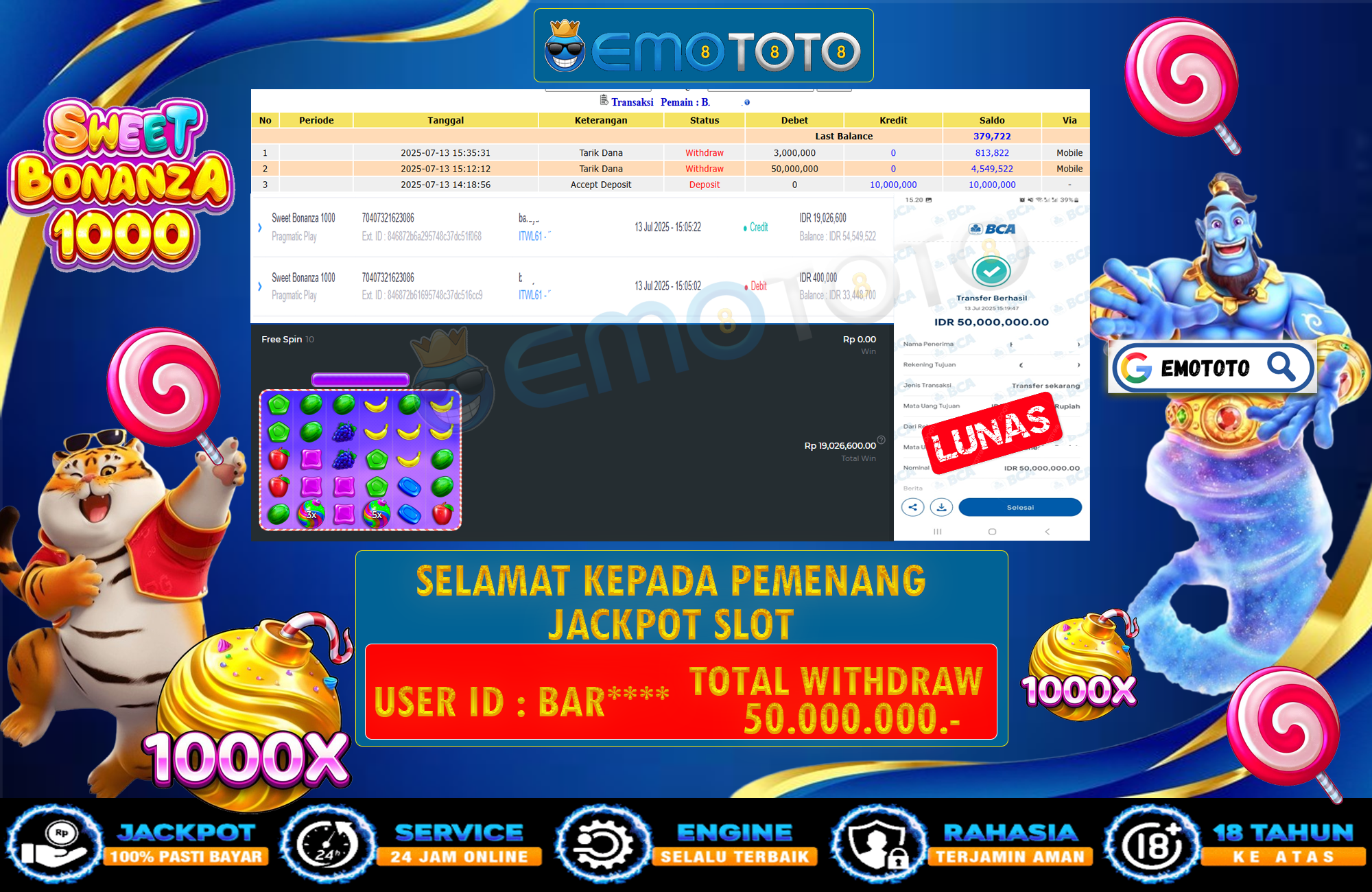 EMOTOTO : BUKTI JACKPOT MEMBER PERMAINAN SLOT PRAGMATIC PLAY SWEET BONANZA 1000 RP 50.000.000 DI BAYAR LUNAS LANGSUNG KE REKENING MEMBER